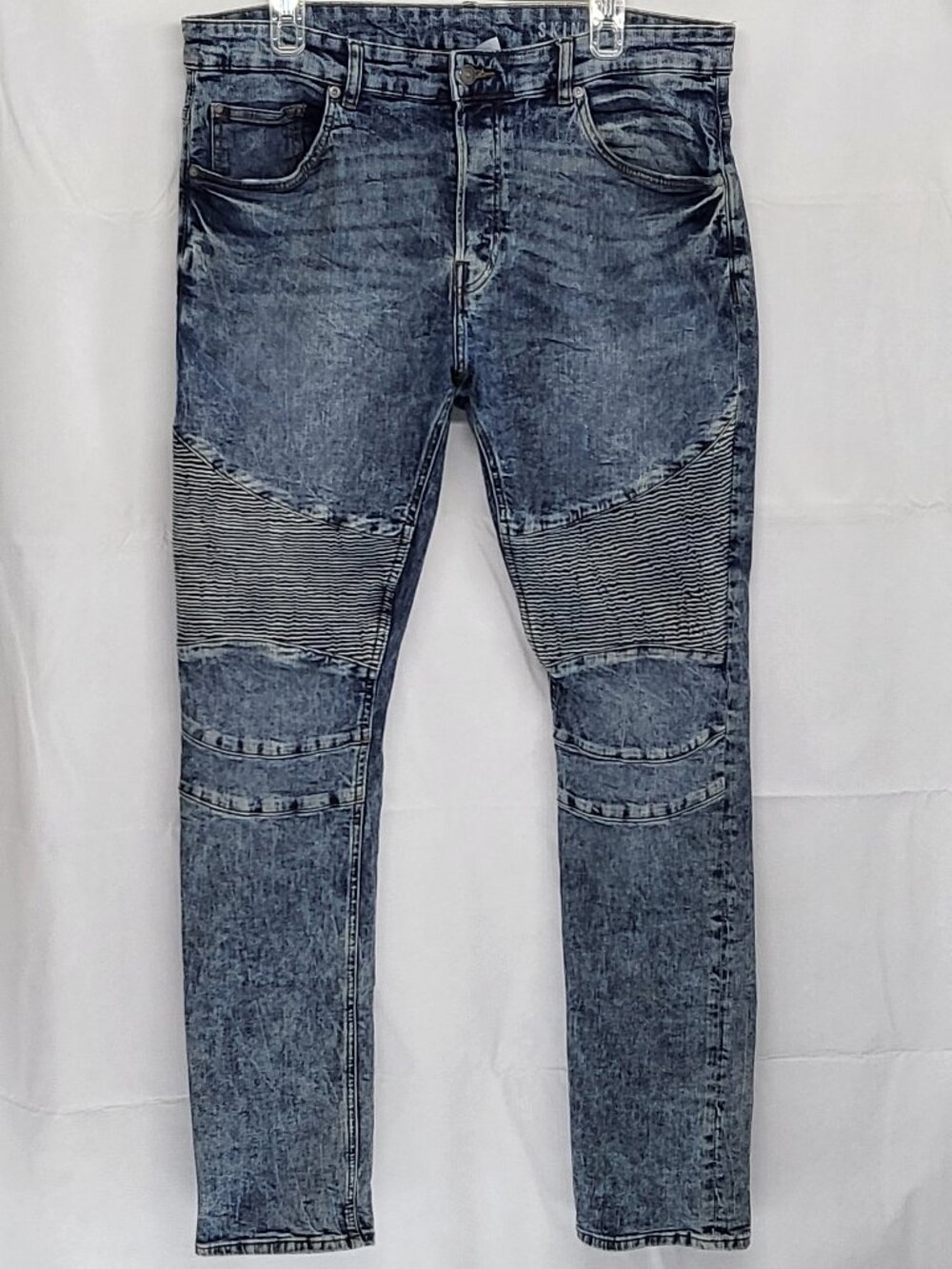 Divided by H&M Mens Jeans Moto 38 X 33 Skinny Button Fly Stretch Acid Wash